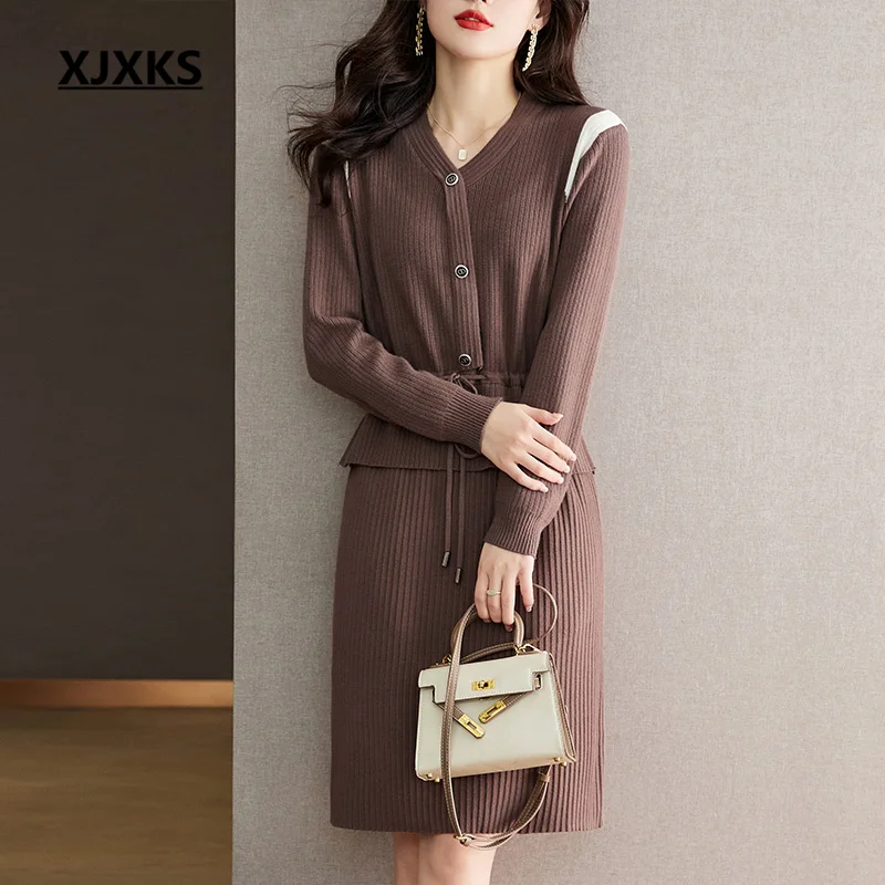 XJXKS 2022 Autumn Winter New High-end Soft Wool Knit Dress Temperament False Two Female Long Section Pullover Vestidos
