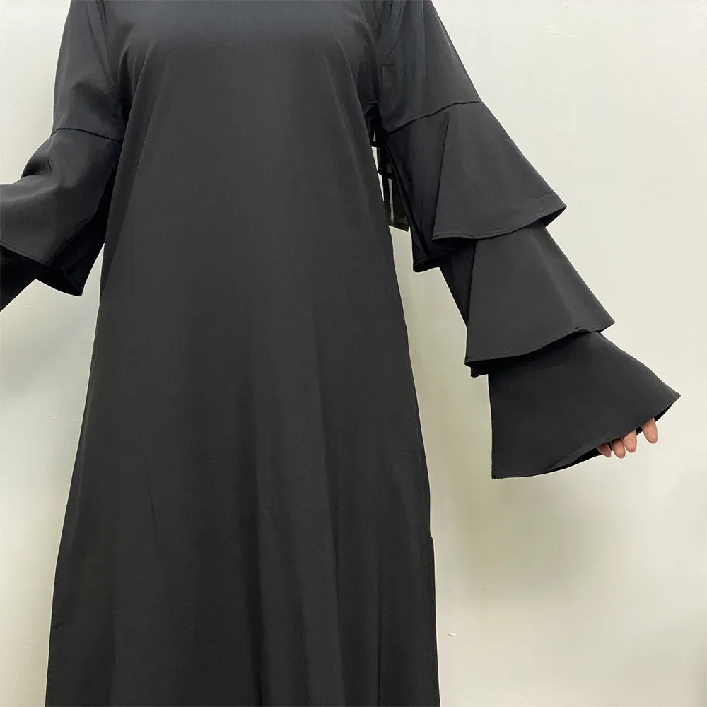 New Women's Round Neck Solid Color Versatile Loose Lacing Pile Sleeve Long Dress Women's Muslim Dress Robe Pour Femme Musulmane