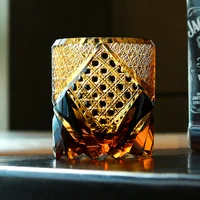 Whisky Glasses Japanese Kiriko Style Hand Cut Glass Crystal Wine Cup Chrysanthemum Mesh Pattern Black Drinking Glasses