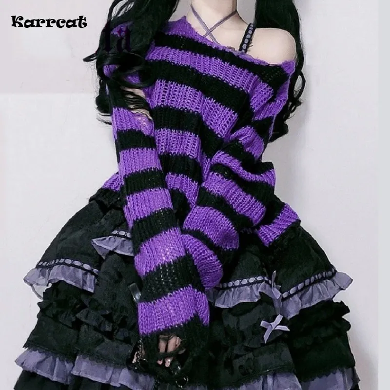 

Karrram Dark Aesthetic Gothic Sweater Hollow Out Grunge Striped Pullovers Harajuku Japanese Hole Knitted Jumper Mall Goth Lolita