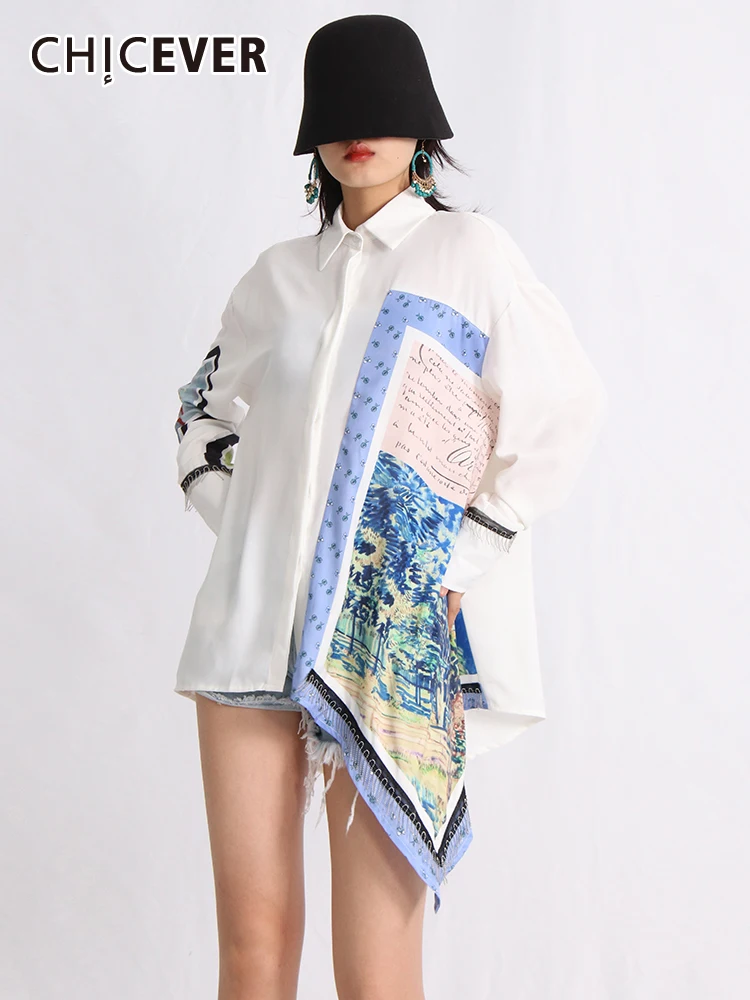 

CHICEVER Print Hit Color Shirts For Women Lapel Long Sleeve Single Breasted Loose Folds Casual Asymmetrical Blouse Female Spring