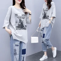 summer 2022 lady set womens korean print t shirt and jeans outfit female loose casual suit two piece sets 4xl e57
