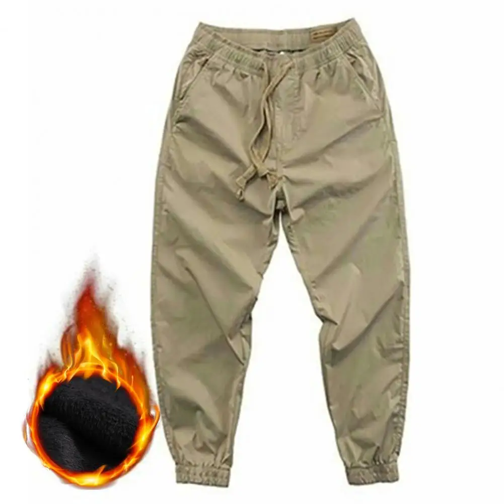

Men Trousers Solid Color Sports Pants Plush Lining Ankle Tied Pants
