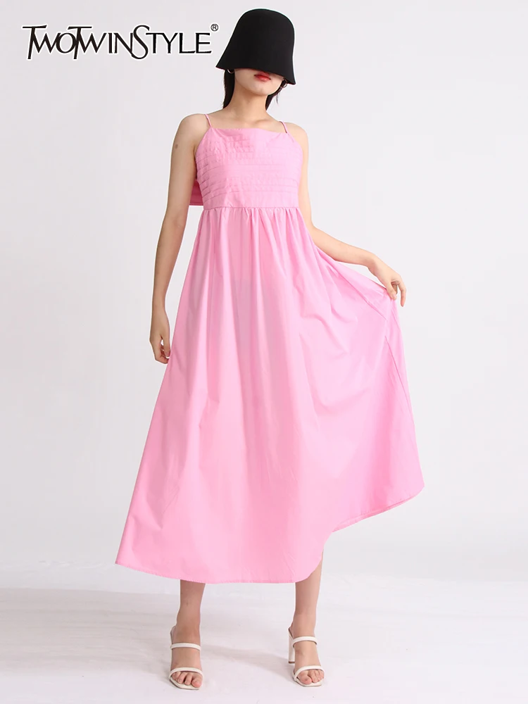 

TWOTWINSTYLE Solid Dresses For Women Square Collar Sleeveless High Waist Patchwork Bowknot Dress Female Fashion Style Clothing
