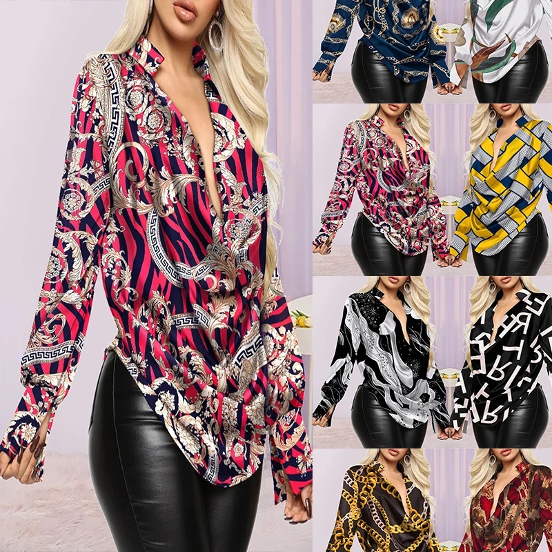 

2022 European and American New Blouses Sexy Temperament Long-sleeved Deep V-neck All-match Tops Large Size Women's Clothing