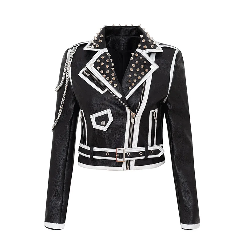 Women's spring and autumn new street motorcycle girl personality skull print heavy industry rivet short leather jacket spot
