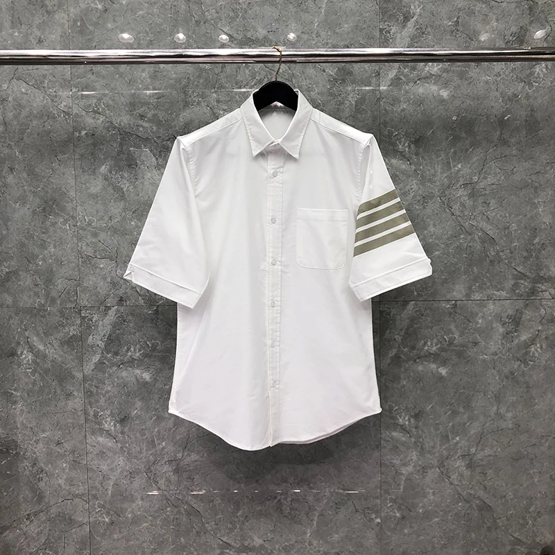 

2022 Autumn Shirt Men White Casual Shirts Fashion Brand 4-Bar Stripes Casual Oxford Fine Cotton Short Sleeve Cool TB TB Shirt