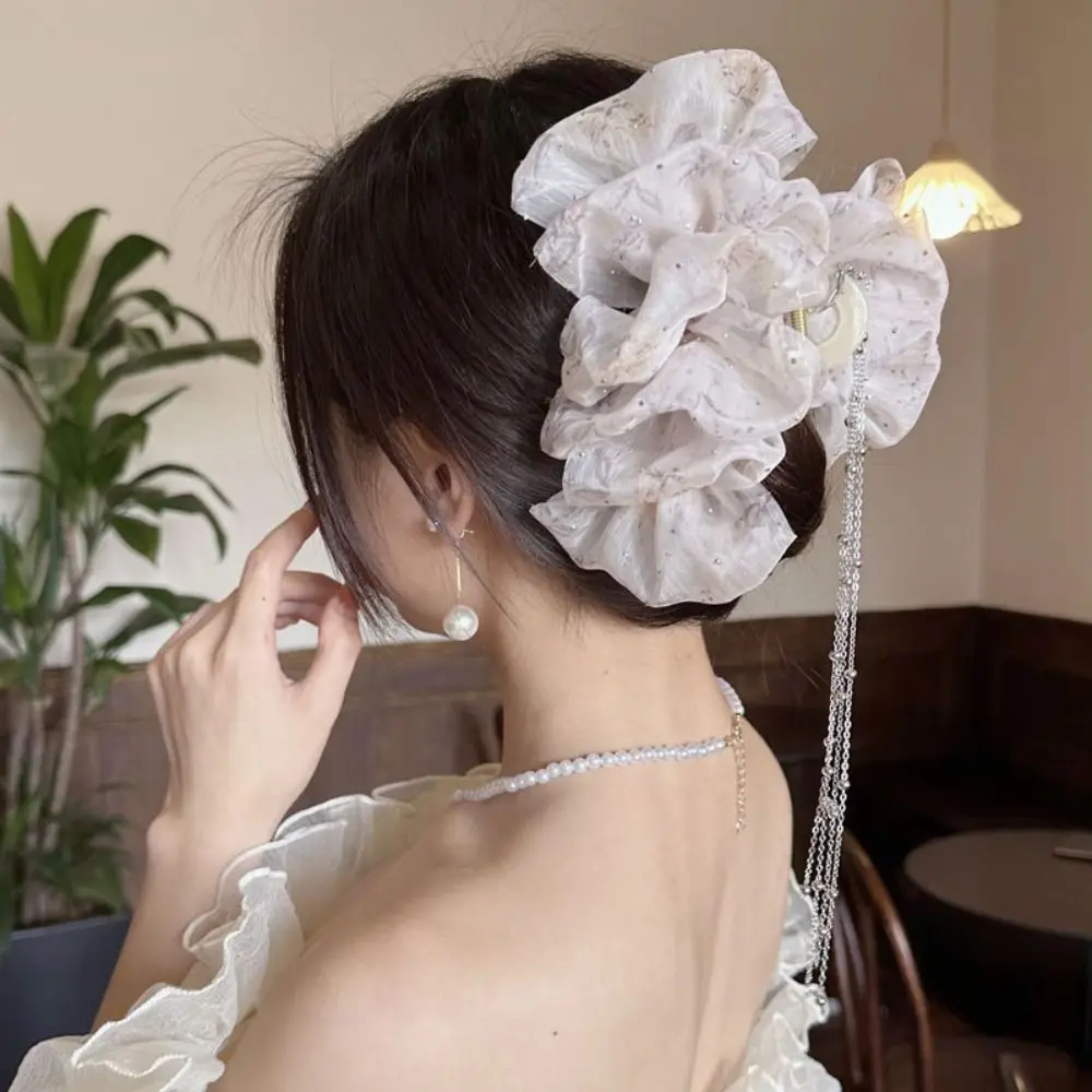 

Print Mesh Bow Hair Claw Sweet Chiffon Tassel Multi-Layer Ins Style Outdoor