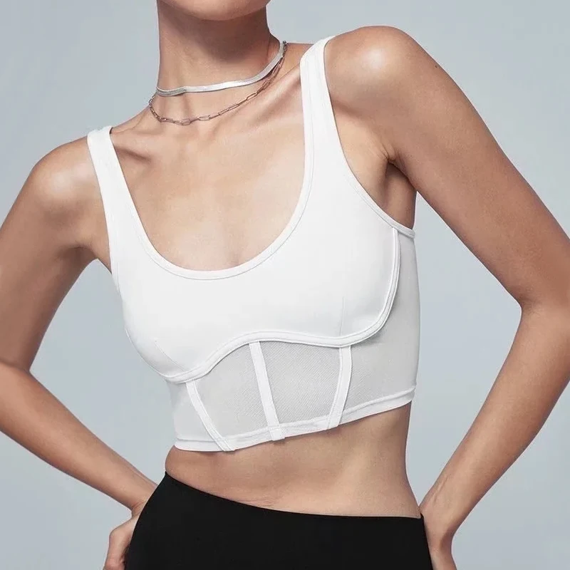 

Women Corset Tank Top With Mesh Detail Mesh Panels Fitted Crop Top