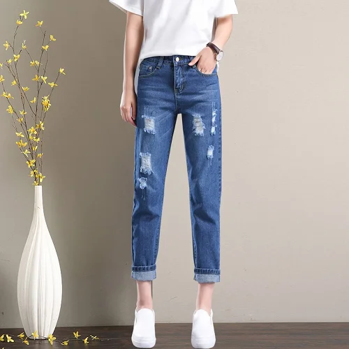 

Blue Ripped Bleach Wash Denim Jeans Women Casual Button Fly Mid Waist Straight Leg Plain Trousers Female Summer Crop Pants