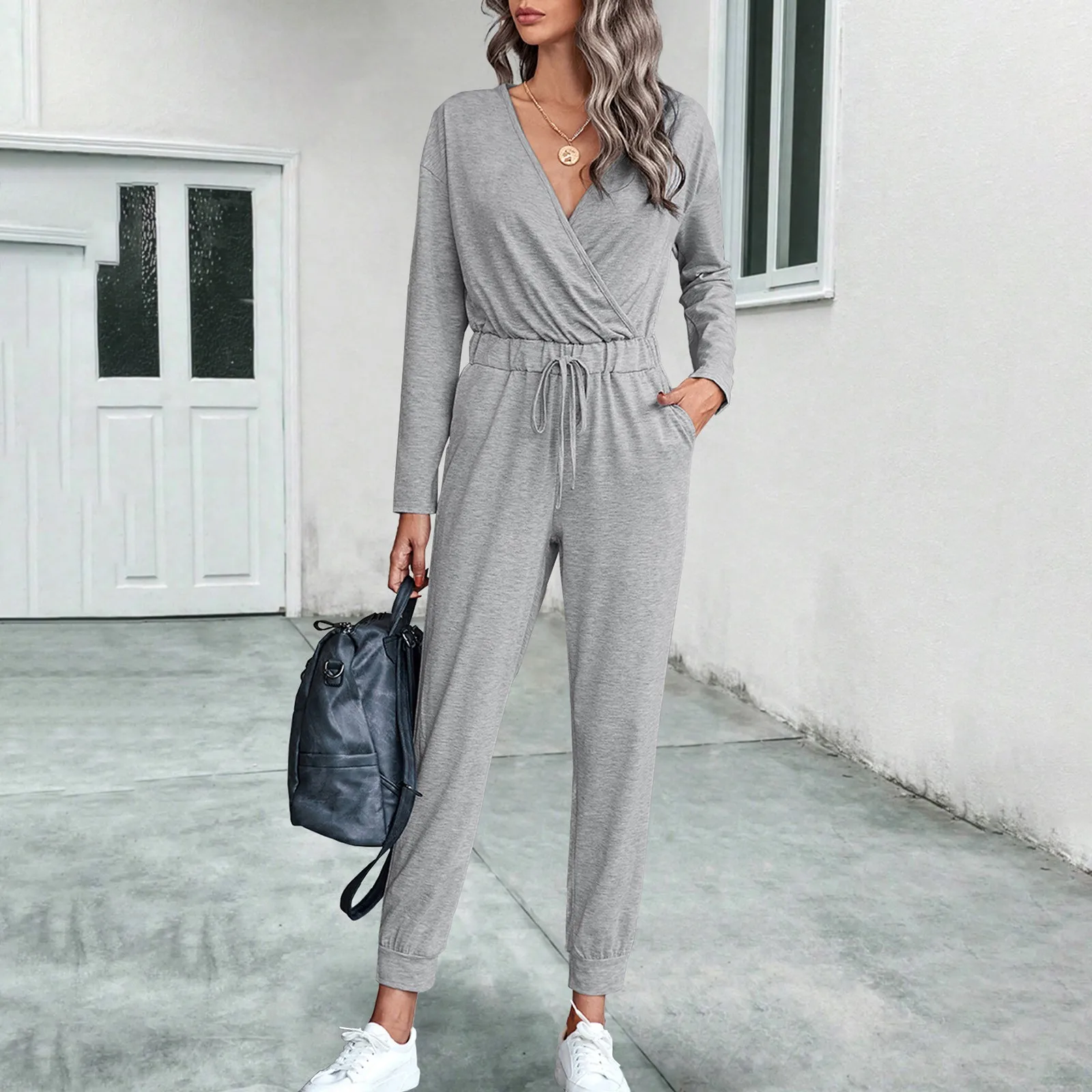

Women'S Fashion Solid Color Cross V Neck Long Sleeve Casual Jumpsuit Office Lady Solid Color Trousers Long Sleeves Jumpsuit Suit