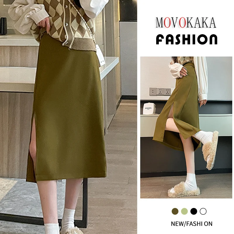 

MOVOKAKA Ladies Spring Summer Elegant Mid Skirts High Waist Package Hip Solid Slim Skirt With Slit Casual Stylish Skirts Women