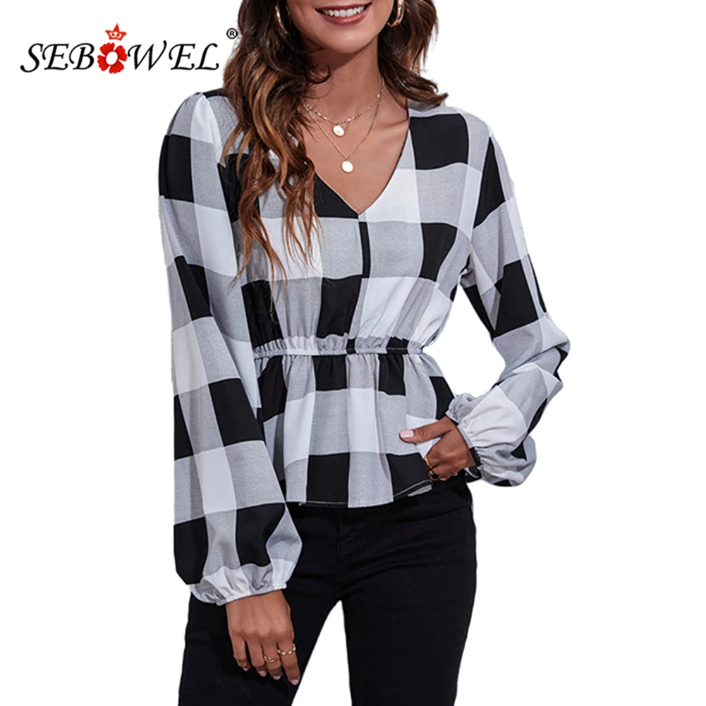 

Женская шифоновая Свободная рубашка SEBOWEL, элегантная шифоновая рубашка в европейском и американском стиле с V-образным вырезом, весна-осень ...