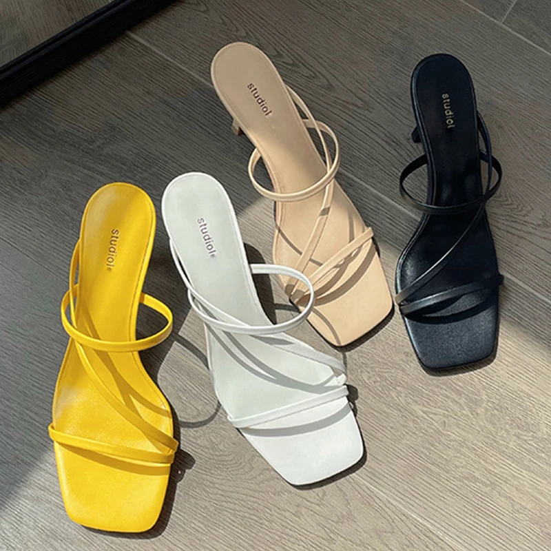 

Туфли-лодочки женские на высоком каблуке, пикантные сандалии-гладиаторы, открытый носок, пикантная Уличная обувь, шлепанцы, черные, большие ...