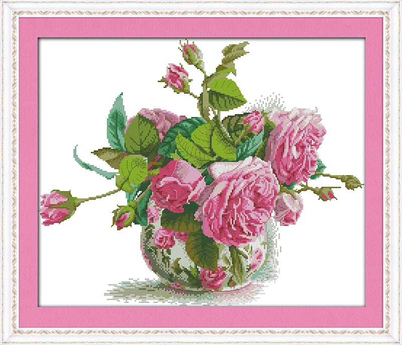 

Joy Sunday Pre-printed Cross Stitch Kit Easy Pattern Aida Stamped Fabric Embroidery Set-Romantic Pink Rose