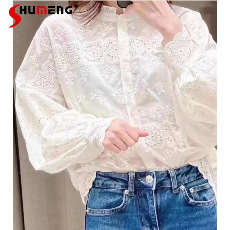 2022 Early Spring Women's Fashion Sweet Lace Blouses Ladies Elegant Pleating Collar Embroidery Hollow Out Long Sleeve Shirt Top
