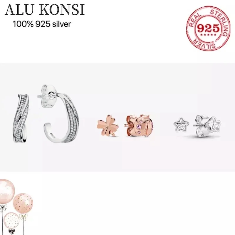 

Fit Original luxury 925 Sterling Silver authentic stars pan earrings open For Women high quality DIY fashion wedding Jewelry