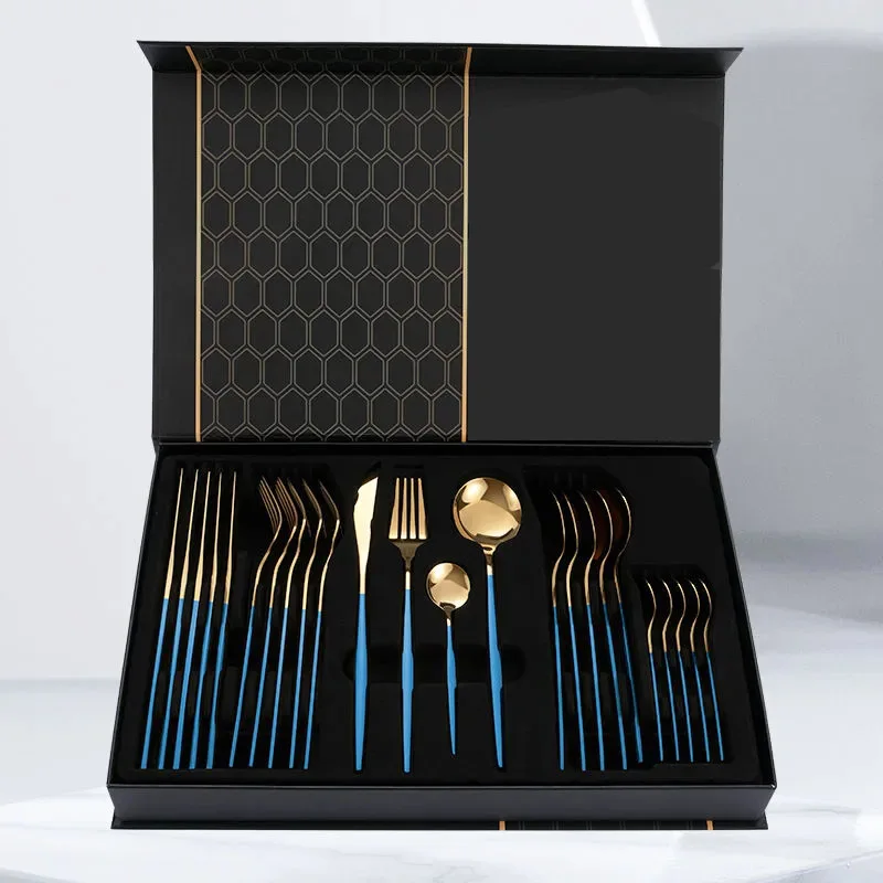 

24pcs Luxury Gold Plated Spoon Silverware cutlery set Stainless Steel Luxury Kitchen Accessories Knife Fork Spoon Gift Box Set