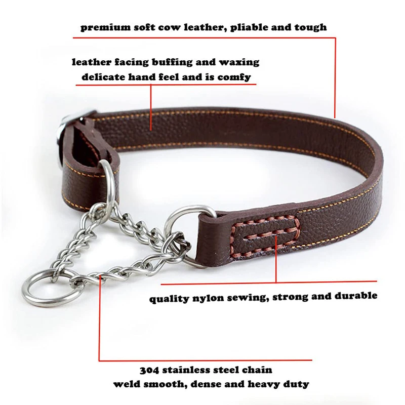 Фото Кожаный ошейник Benepaw Martingale, не тянет, не спасает, тренировочный ошейник для собак из нержавеющей стали, цепочка для домашних животных для мал... №3