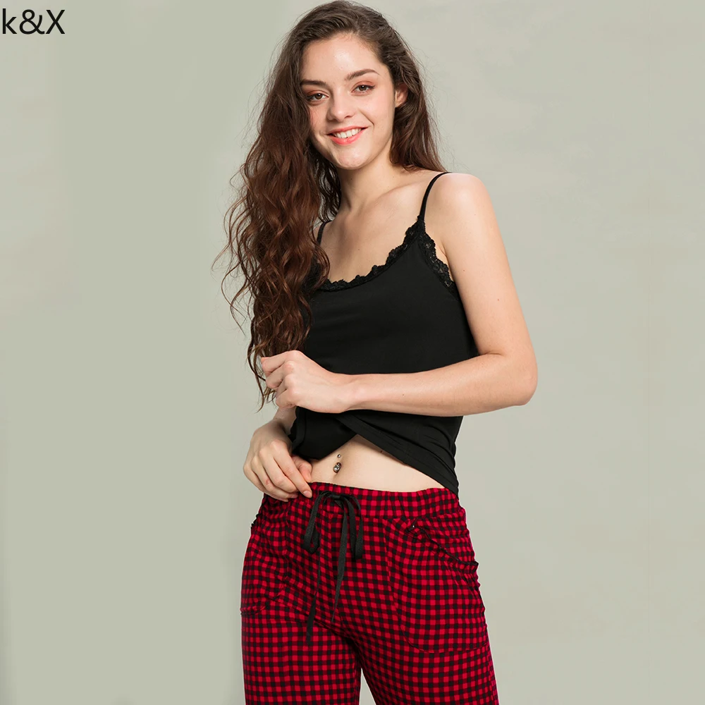 

2 Piece Pajamas Women's Homewear Red Plaid Lace Sexy Negligee Piyamas Sleepwear Pijamat Women Ladies Sling Pyjamas Set for Girls