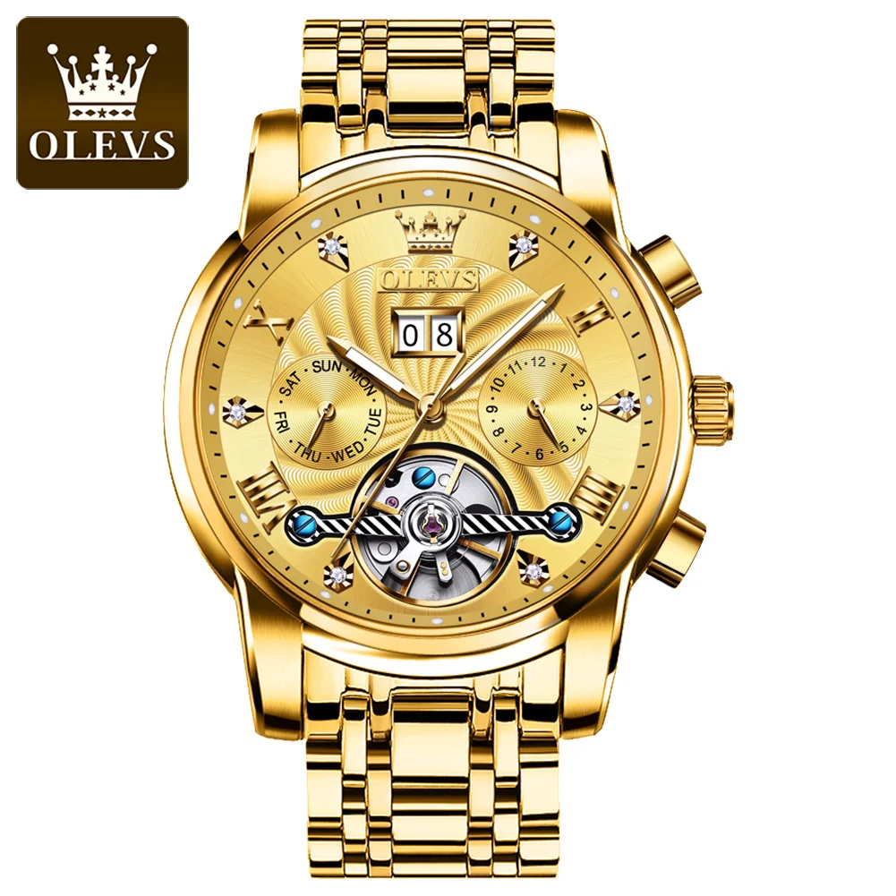 

OLEVS New Mens Watch Automatic Mechanical Tourbillon Slef-Wind Luxury Stainless Steel Waterproof Luminous Date Wrist Watch 9910