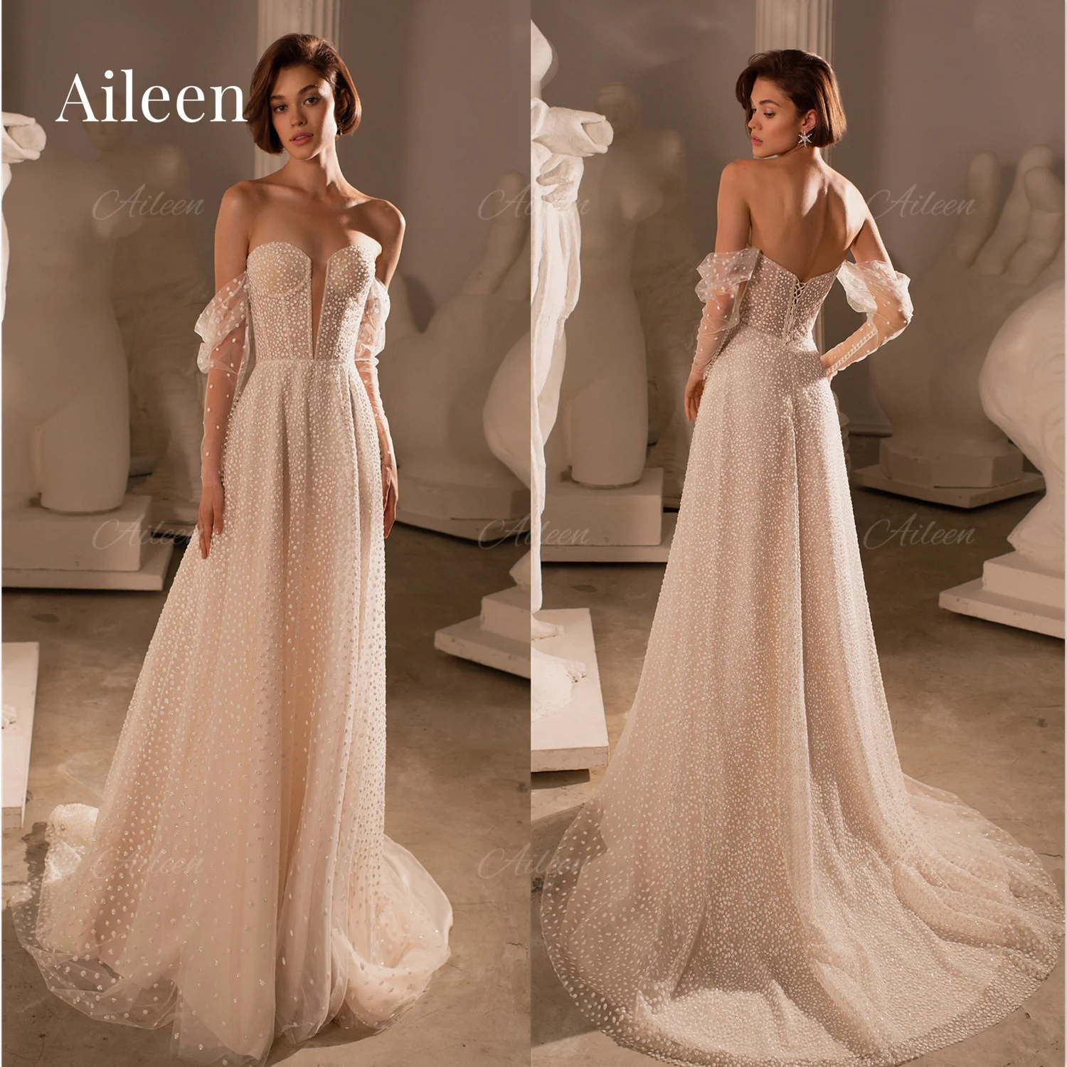 

Aileen Dresses for Women Party Wedding Evening Dress Champagne A-line Sweetheart New in Dresses Shiny Formal Long Luxury Prom