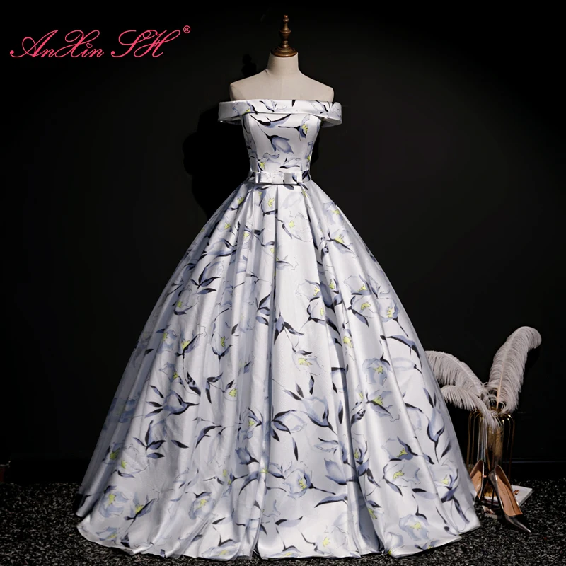 

AnXin SH princess white satin floral print boat neck sleeveless party beading little bow bride host ball gown evening dress