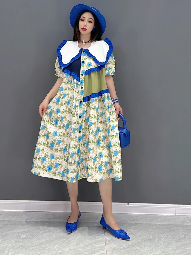 

SuperAen 2022 Summer New Peter Pan Collar Patchwork Flower Printing Puff Sleeve A-LINE Casual Mid-Calf Dresses for Women