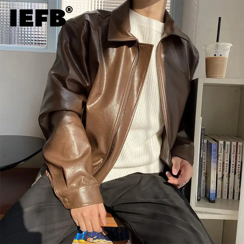 

Мужская одежда IEFB, новинка, осеннее пальто оверсайз, корейский тренд, свободная повседневная куртка из искусственной кожи, пальто, мужская одежда на молнии с лацканами 9Y4382