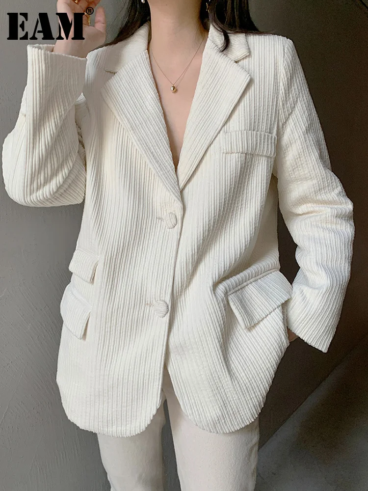 [EAM]  Women White Corduroy Big Size Casual Blazer New Lapel Long Sleeve Loose Fit Jacket Fashion Tide Spring Autumn 2023