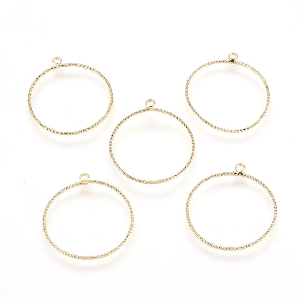 

5pc Brass Pendants Ring Nickel Free Real 18K Gold Plated 28x25x1mm Hole: 1.5mm