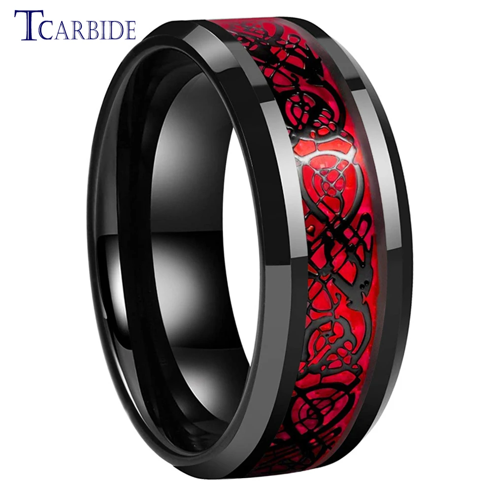 8MM Black Mens Womens Tungsten Carbide Engagement Wedding Ring With Red Opal Dragon Inlay Superior Gift Jewelry Comfort Fit