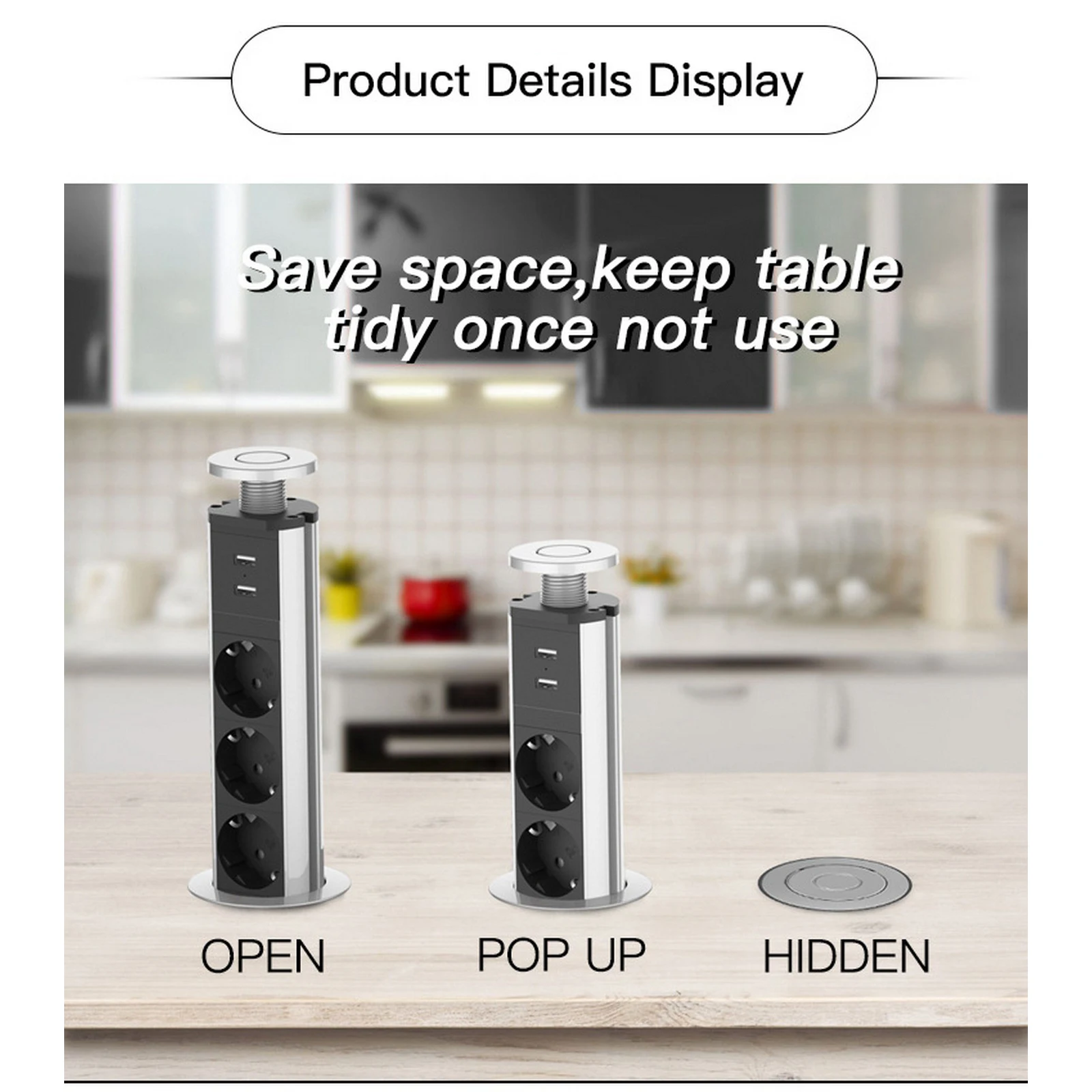 

Desktop Socket Table Outlet Pop Up Power Point 3 Socket Plug + 2 USB Hidden Type Table Socket for Meeting Room Kitchen Cabinet