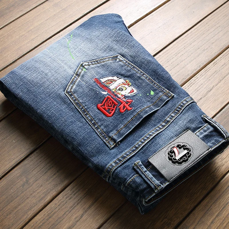 Four Seasons Men's Jeans Embroidered Print Frayed Hole Skinny Jeans Men Slim Trousers Fashion Streetwear Mens Ins Hot Sale JEANS