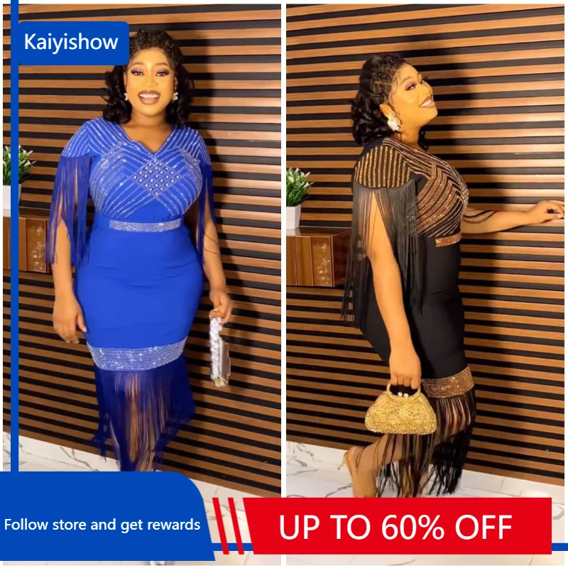 

African Wedding Party Dresses for Women Summer Elegant African V-neck Sleeveless Tassel Polyester Mini Dress African Clothes