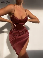 weiyao sexy satin asymmetrical mini dress women black bodycon spaghetti strap sleeveless summer 2022 splitted dress outfit