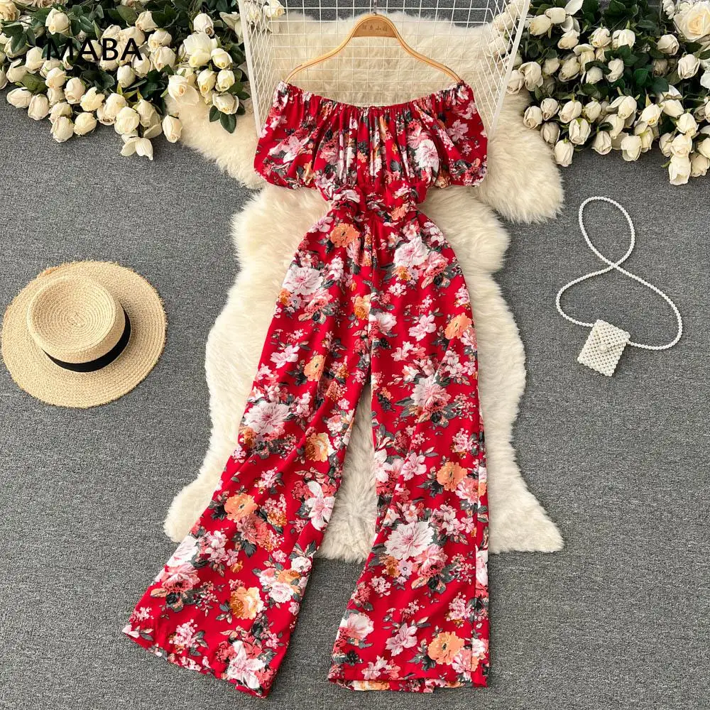 

Beach Style Holiday Slash Neck Jumpsuit Women Summer Off Shoulder High Waist Print Retro Elegant Midi Bohemian Wide Leg Pants