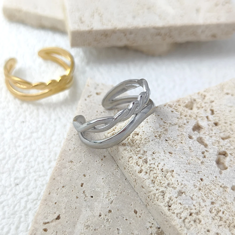 

Stainless Steel Silver Gold Irregular Hollow Double Line Geometric Ring Female Simple Unique Design Fashion Adjustable Jewelry