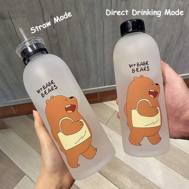 

Cute Panda Bear Cup 1000ml Water Bottles With Straw Transparent Cartoon Water Bottle Drinkware Frosted Leak-proof Protein Shaker