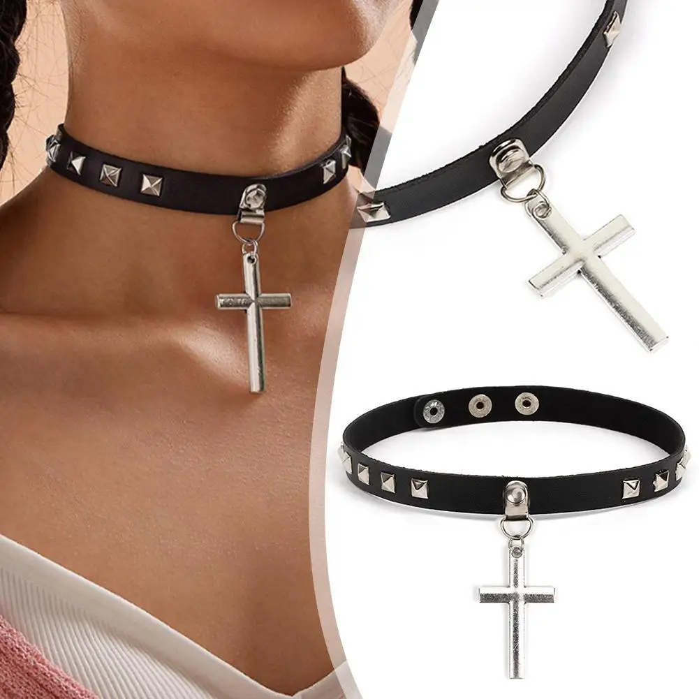 

Женский ошейник из ПУ кожи, черного цвета, с крестом