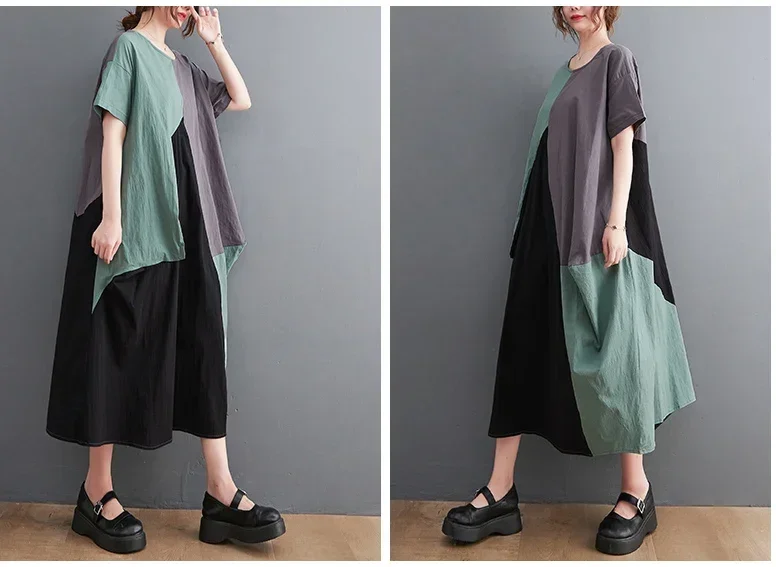 Трехцветное лоскутное платье большого размера из хлопка и льна с круглым вырезом