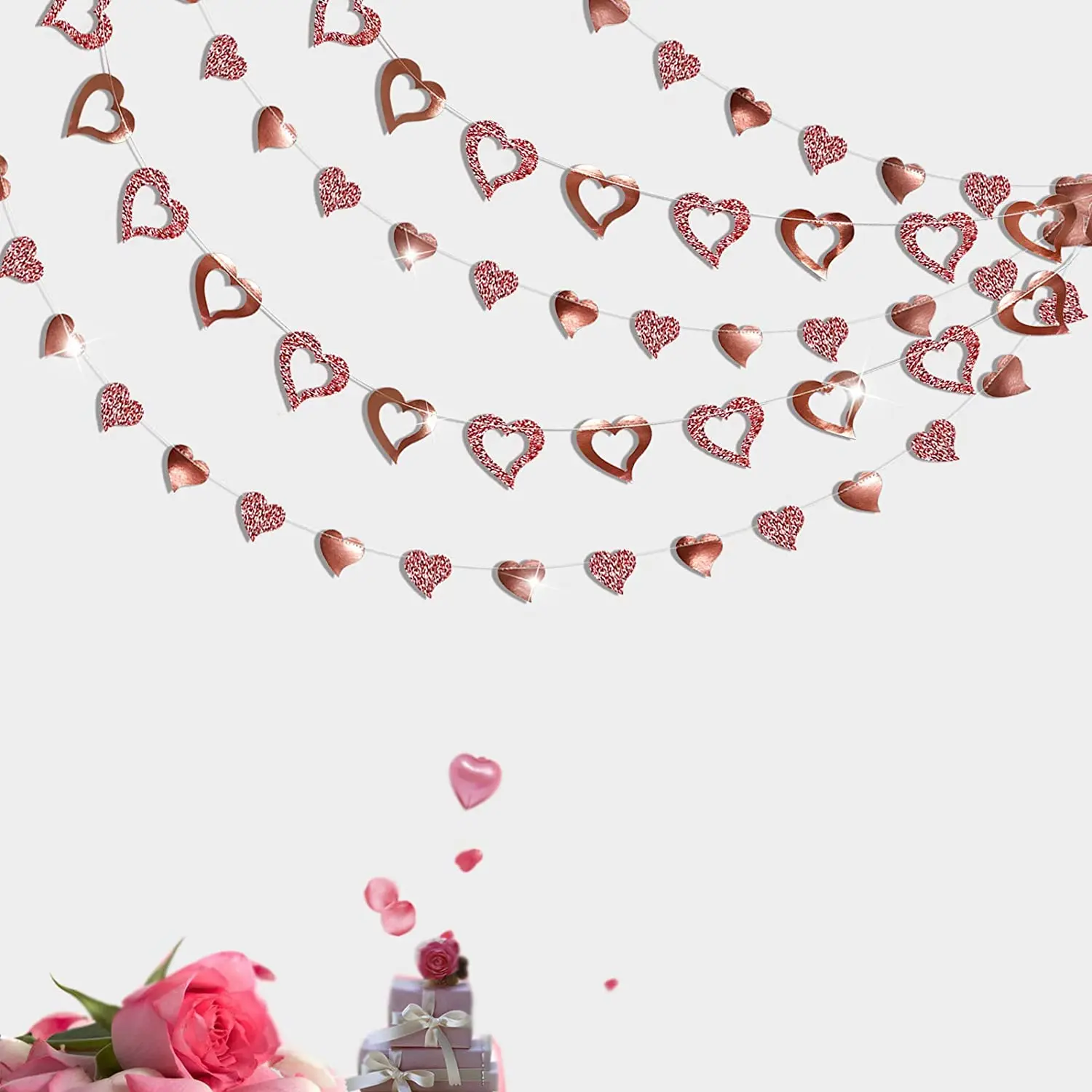 

Rose Gold Party Heart Garlands Paper Birthday Decorations Glitter Paper Love Heart Wedding Banner Hanging Anniversary Room Decor