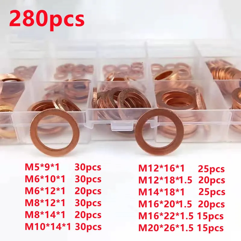 

100/200/280Pcs Copper Washer Gasket Nut And Bolt Set Flat Ring Seal Assortment Kit M4/M5/M6/M8/M10/M12/M14/M16/M20 Sump Plugs