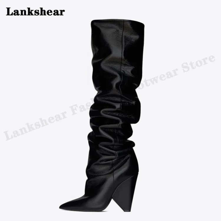 Long Tube Shaped Heel Pointed Toe Boots Horse Oil Leather Women's Shoes with Folds Car Stitching Flanging Elastic Boots Size 45