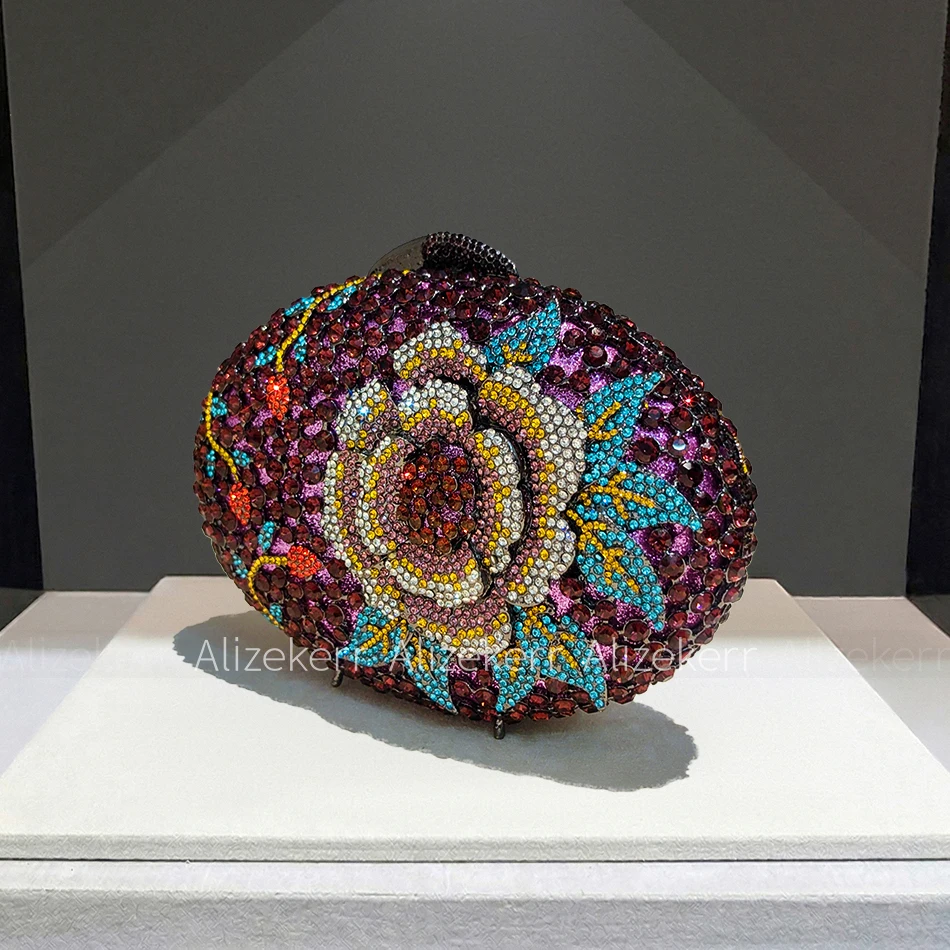 Фото Вечерняя сумочка Alizekerr Peony Diamond для женщин, овальная, с цветочным узором, стразами и металлическим покрытием, для торжественных мероприятий №3