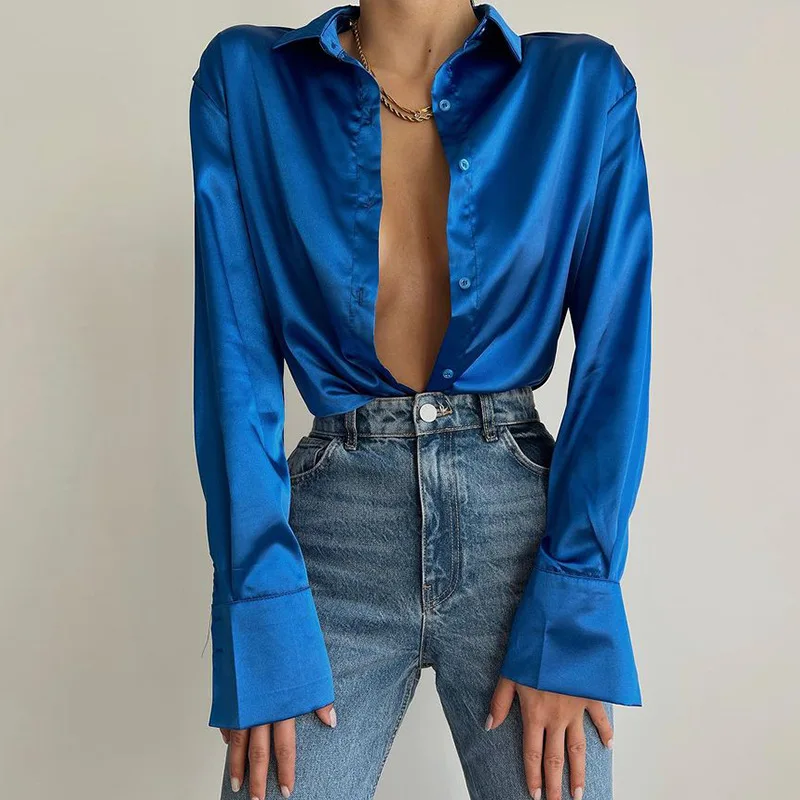 

WeiYao Elegant Solid Simple Lapel Oversized Blouse and Shirt Women Spring Long Sleeve Satin Tops Blue Chic Tunics Streetwear