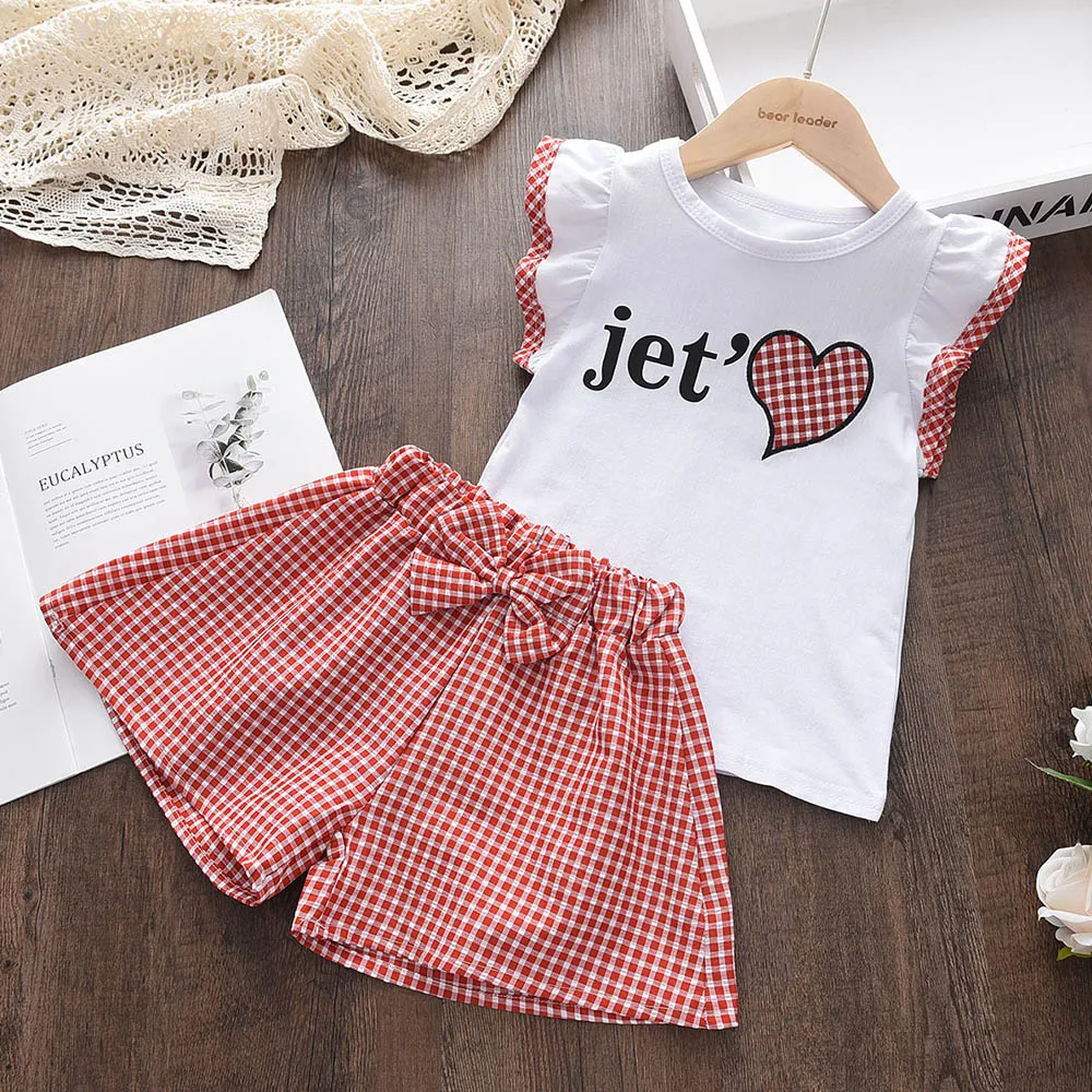 

Menoea Toddler Girls Clothes Sets 2023 New Summer Patchwork T-shirts + Plaid Bow Shorts Casual Outfits Baby Kids Clothing Suits