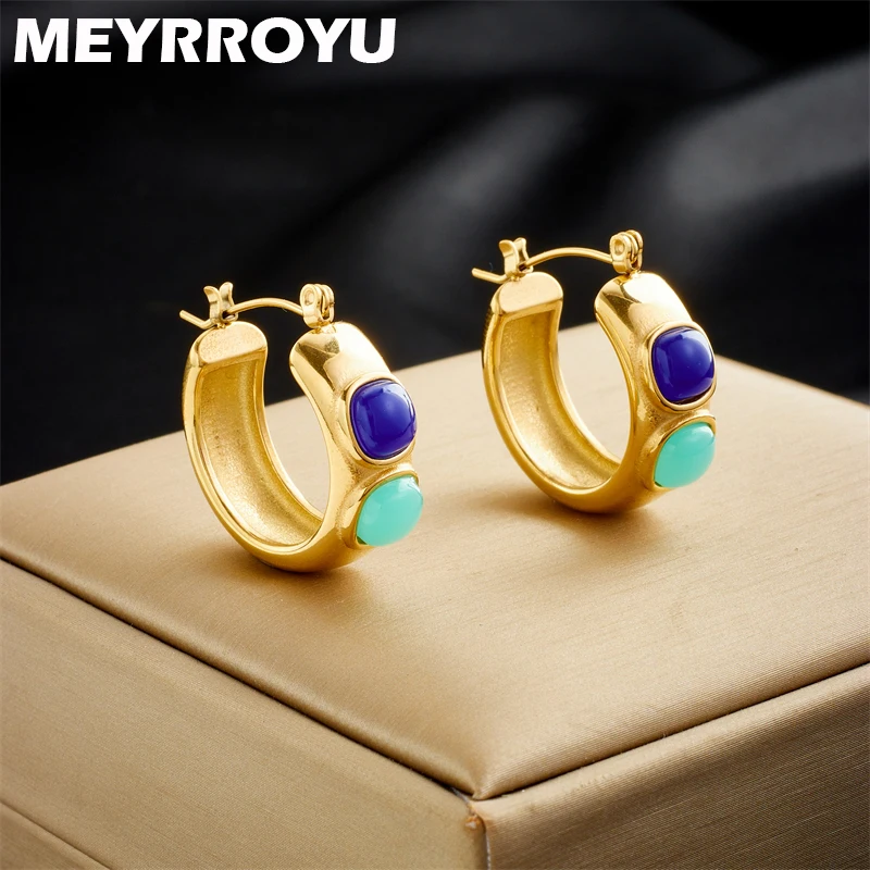 

MEYRROYU 316L Stainless Steel 18K Gold Plated Green Blue Zircon Vintage Hoop Earring for Women Statement Jewelry Gifts Brincos