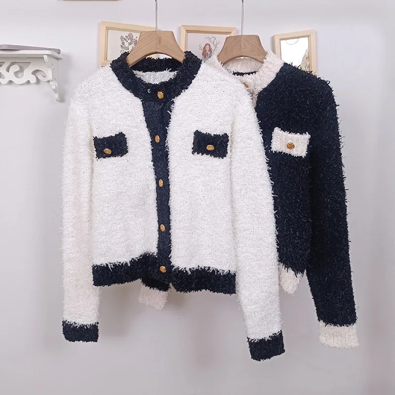 Runway Fashion Brand Gold Button Contrast Stripe O-Neck Knitted Cardigan Women's Autumn Vintage Slim Short Sweater Coat 2022