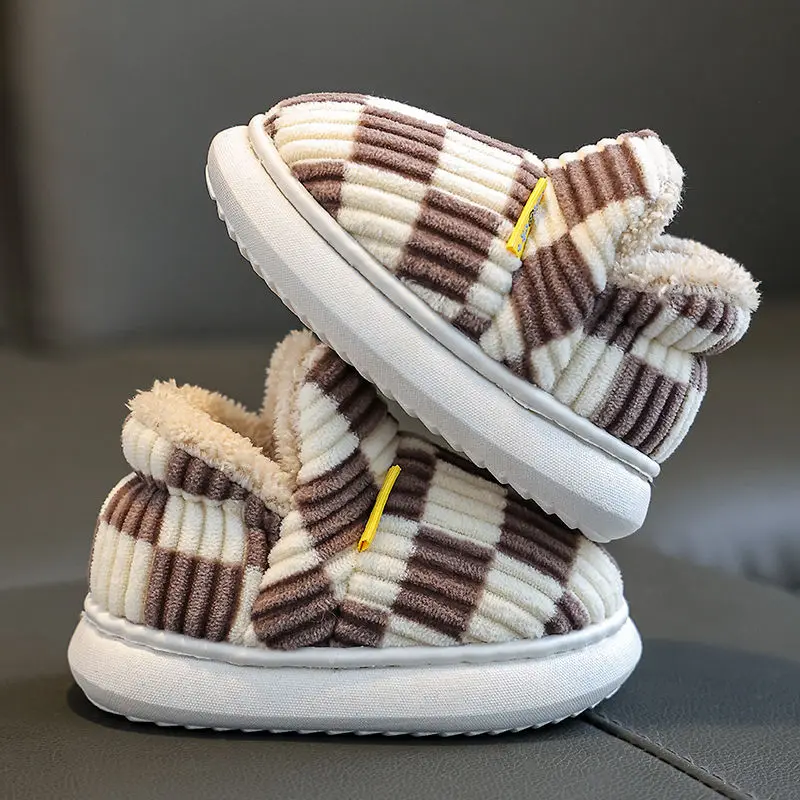 Thicken Warm Plush Children Cotton Slippers Parent-Child Winter Home Slippers Checkerboard Boys Girls Furry Indoor Cotton Boots